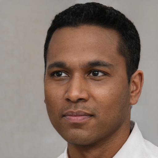 Neutral latino young-adult male with short  black hair and brown eyes