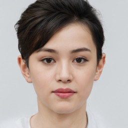 Neutral white young-adult female with short  brown hair and brown eyes