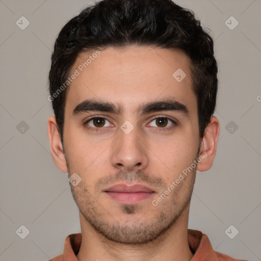 Neutral white young-adult male with short  brown hair and brown eyes