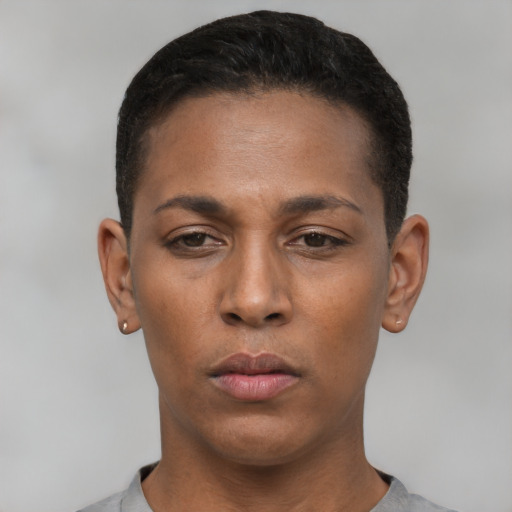Neutral black young-adult female with short  black hair and brown eyes