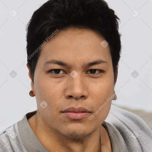 Neutral asian young-adult male with short  brown hair and brown eyes