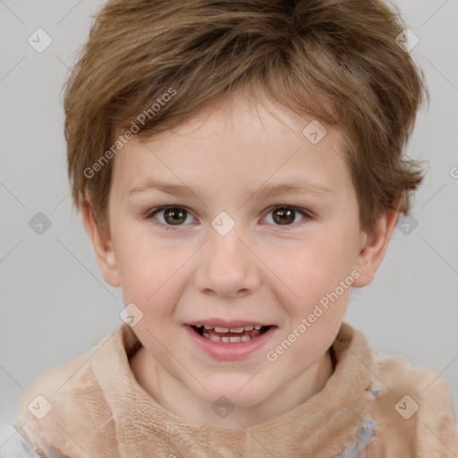 Joyful white child female with short  brown hair and brown eyes