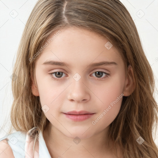 Joyful white child female with long  brown hair and brown eyes