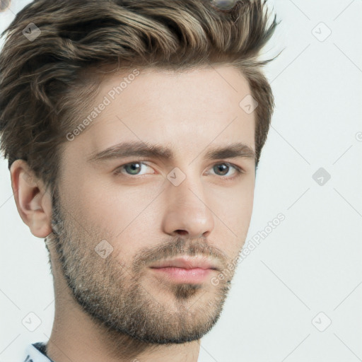 Neutral white young-adult male with short  brown hair and green eyes