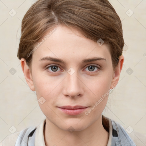 Neutral white young-adult female with short  brown hair and grey eyes