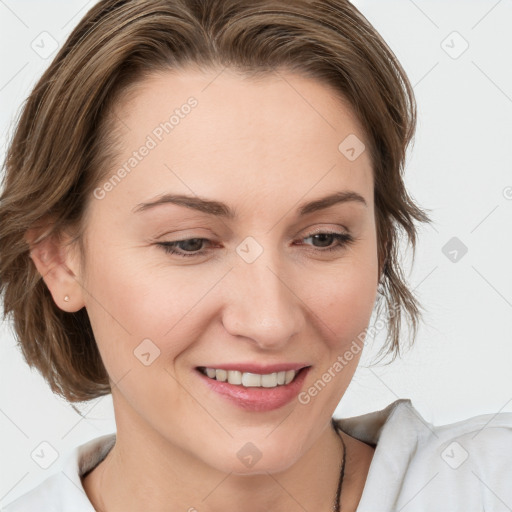 Joyful white young-adult female with medium  brown hair and brown eyes