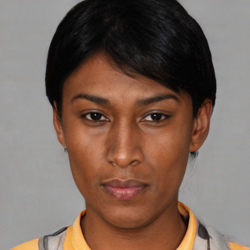 Neutral asian young-adult female with short  black hair and brown eyes