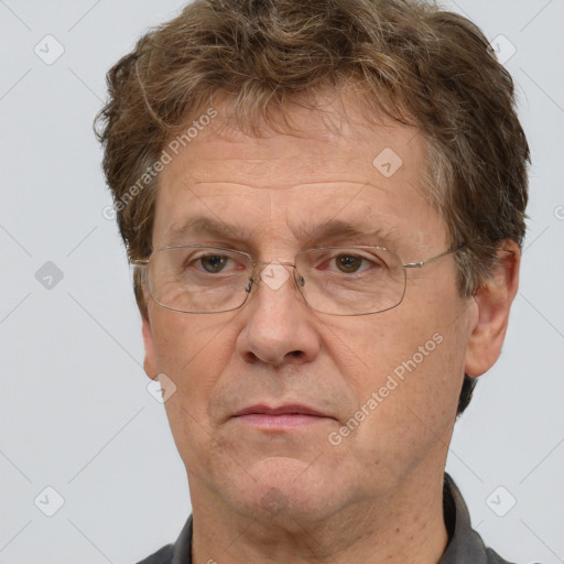 Joyful white middle-aged male with short  brown hair and brown eyes