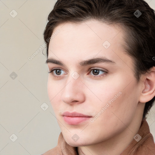 Neutral white young-adult female with medium  brown hair and brown eyes