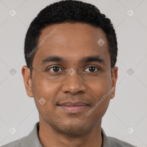 Neutral black young-adult male with short  black hair and brown eyes