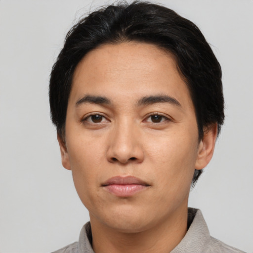 Neutral asian young-adult male with short  black hair and brown eyes