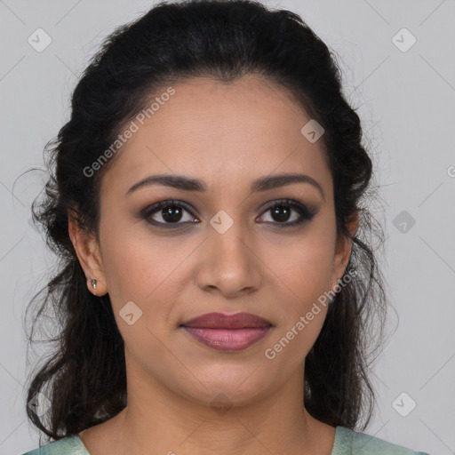 Joyful latino young-adult female with medium  brown hair and brown eyes