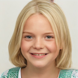 Joyful white child female with medium  brown hair and blue eyes