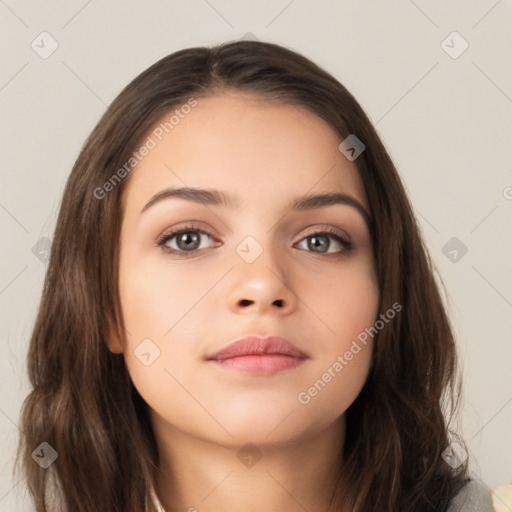 Neutral white young-adult female with long  brown hair and brown eyes