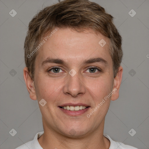 Joyful white adult male with short  brown hair and brown eyes