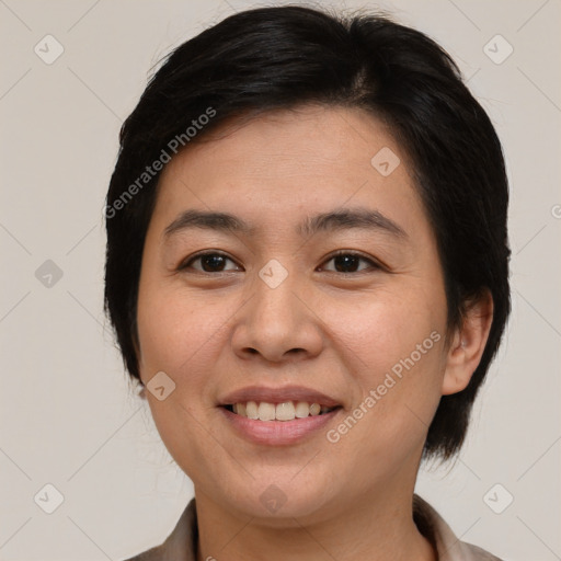 Joyful white young-adult female with medium  brown hair and brown eyes