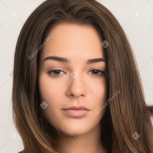 Neutral white young-adult female with long  brown hair and brown eyes