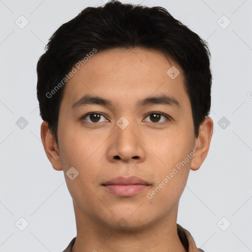 Neutral asian young-adult male with short  black hair and brown eyes