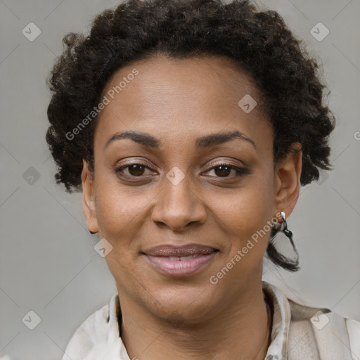 Joyful black adult female with short  brown hair and brown eyes