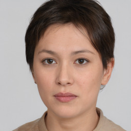 Neutral white young-adult female with short  brown hair and brown eyes