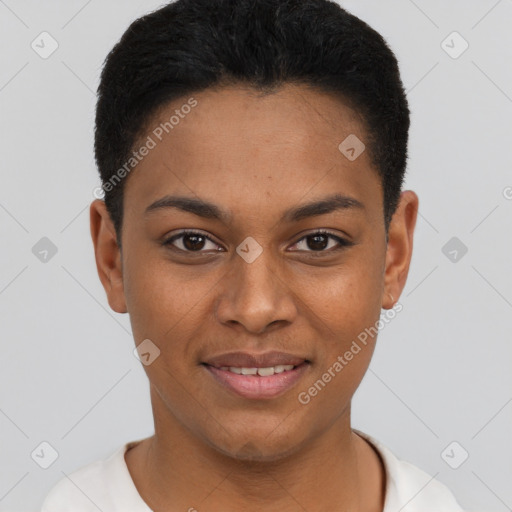 Joyful black young-adult female with short  black hair and brown eyes