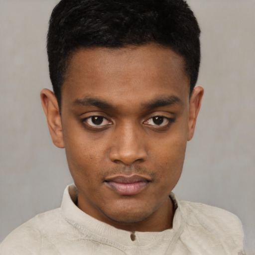 Neutral black young-adult male with short  black hair and brown eyes
