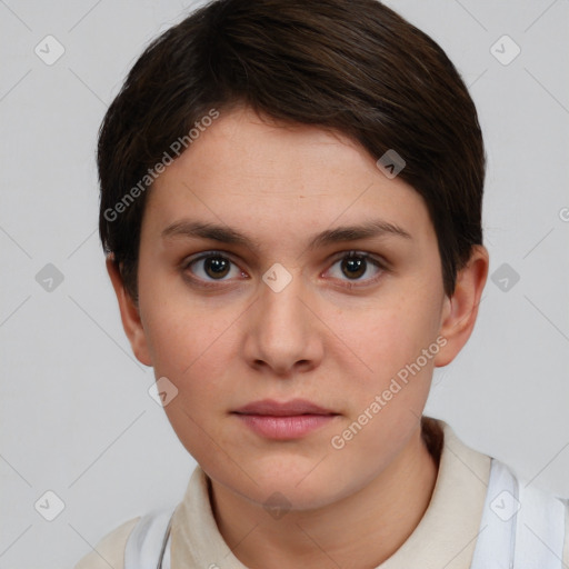 Neutral white young-adult female with short  brown hair and brown eyes