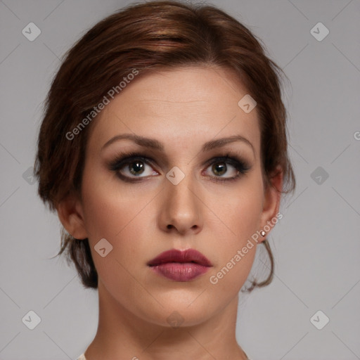 Neutral white young-adult female with medium  brown hair and brown eyes