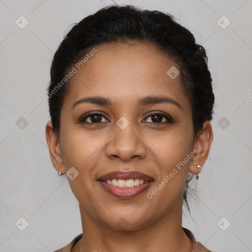 Joyful latino young-adult female with short  brown hair and brown eyes