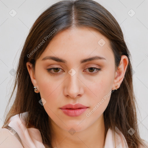 Neutral white young-adult female with long  brown hair and brown eyes