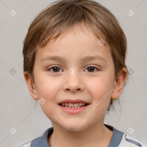 Joyful white child female with medium  brown hair and brown eyes