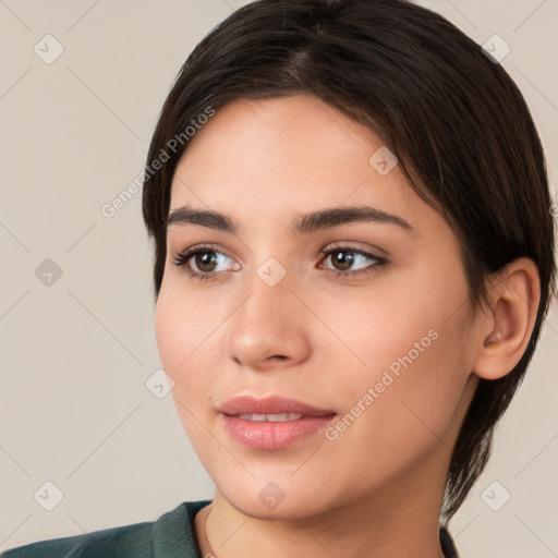 Joyful white young-adult female with medium  brown hair and brown eyes