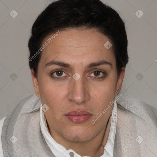 Neutral white adult female with short  brown hair and brown eyes