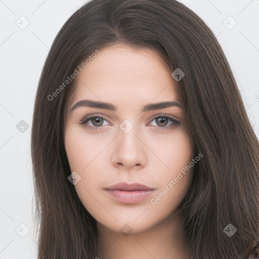 Neutral white young-adult female with long  brown hair and brown eyes