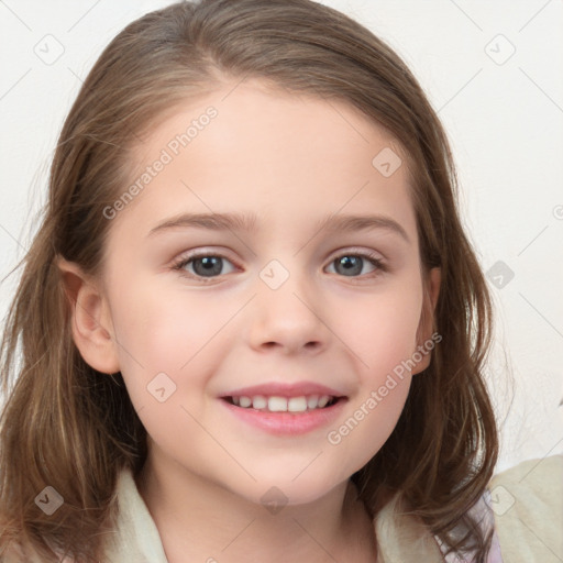 Joyful white child female with medium  brown hair and grey eyes