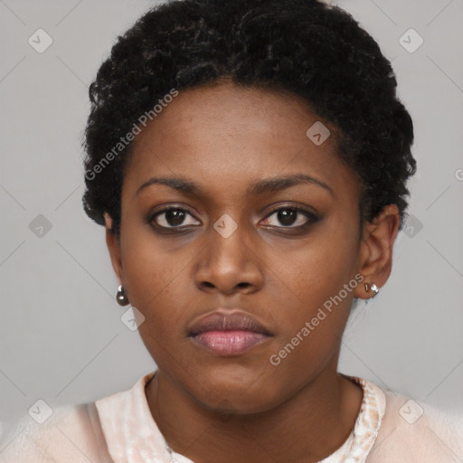 Neutral black young-adult female with short  black hair and brown eyes