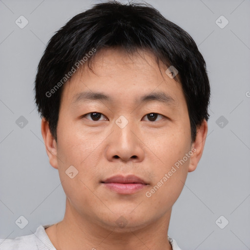 Neutral asian young-adult male with short  black hair and brown eyes