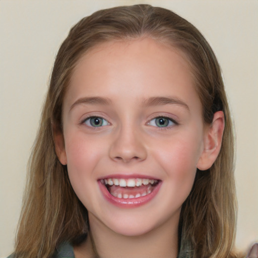 Joyful white child female with medium  brown hair and blue eyes