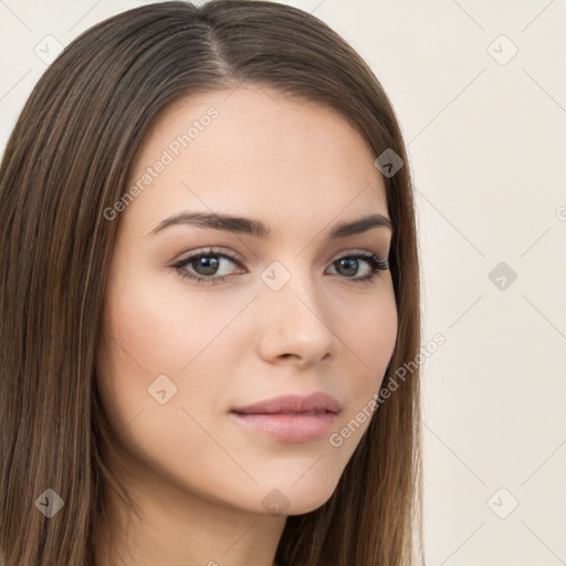 Neutral white young-adult female with long  brown hair and brown eyes