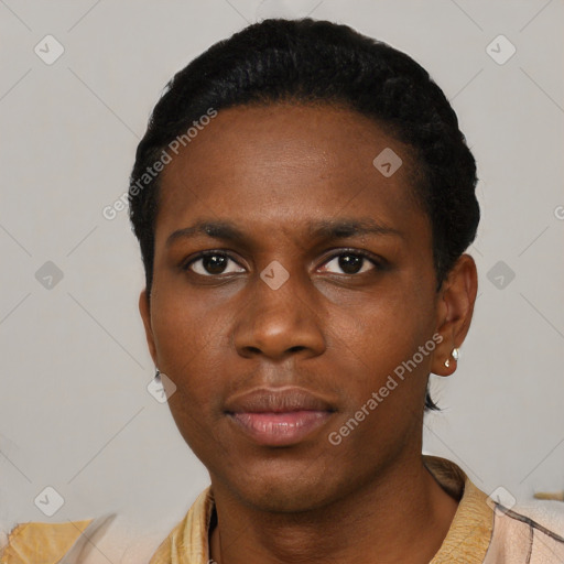 Neutral black young-adult male with short  black hair and brown eyes