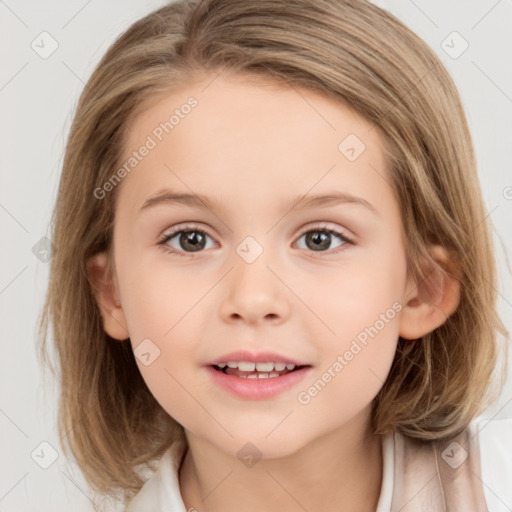 Joyful white child female with medium  brown hair and brown eyes