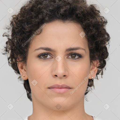 Neutral white young-adult female with short  brown hair and brown eyes