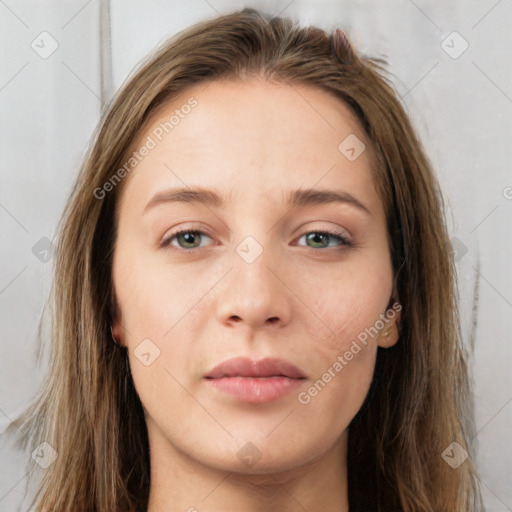 Neutral white young-adult female with long  brown hair and grey eyes