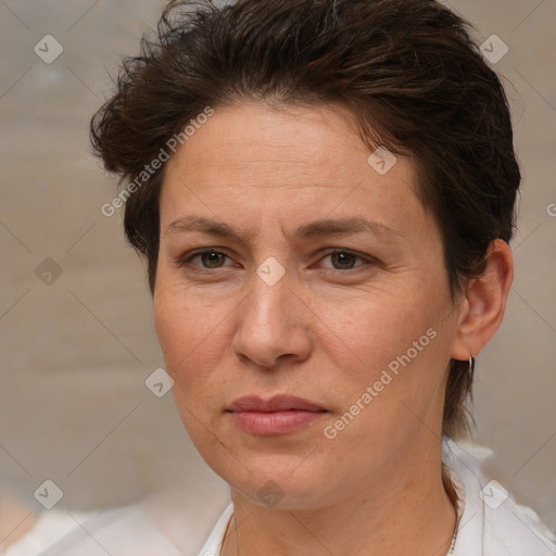 Joyful white adult female with short  brown hair and brown eyes