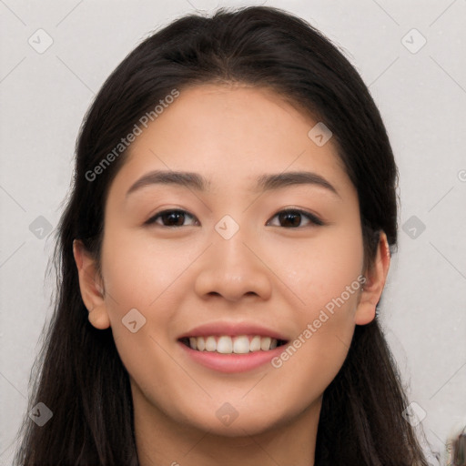 Joyful white young-adult female with long  brown hair and brown eyes