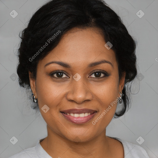 Joyful black young-adult female with medium  brown hair and brown eyes