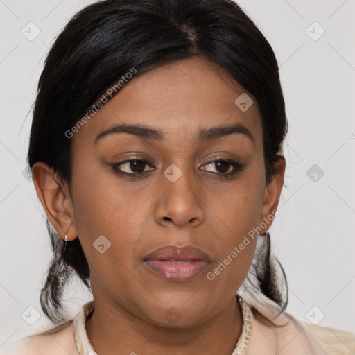 Joyful latino young-adult female with medium  brown hair and brown eyes
