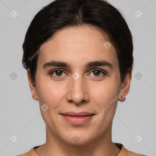 Joyful white young-adult female with short  brown hair and brown eyes