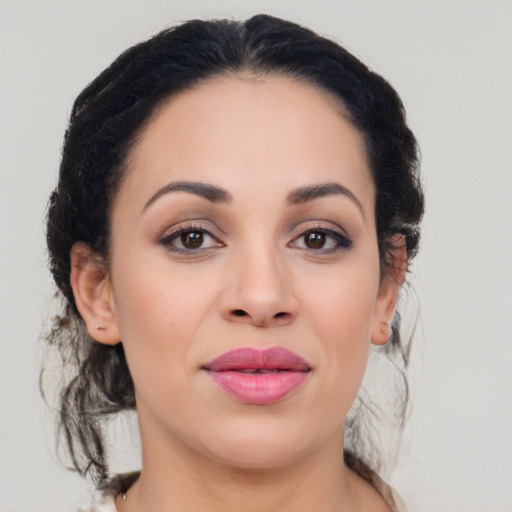 Joyful latino young-adult female with medium  black hair and brown eyes