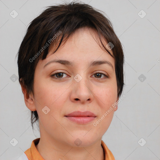 Joyful white young-adult female with medium  brown hair and brown eyes